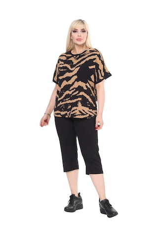 Melsay Butik Siyah Zebra Desen Çapraz Cep Detaylı Kapri Takım Siyah