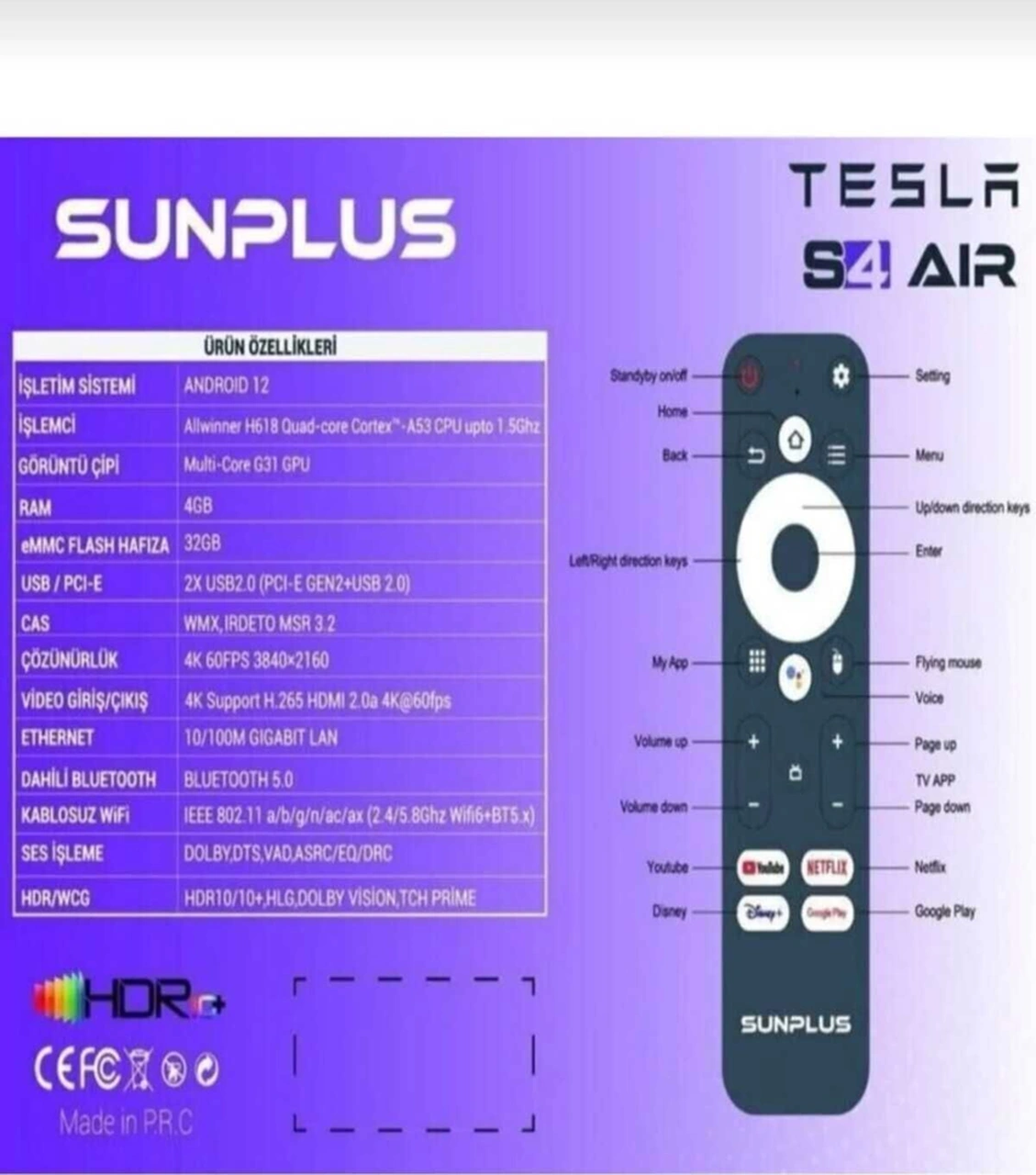 Tesla S 4 Air Android Tv Box 4gb Ram -32 Gb Hafıza Android 12 Tvbox -4 K 3840 2160 P Wi-fi 6