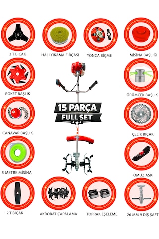 Prowackers German Kavrıx-735 Seri Yan Tip Tırpan+ Akrobat Çapalama + Toprak Eşeleme 15 Parça Temizlik Seti