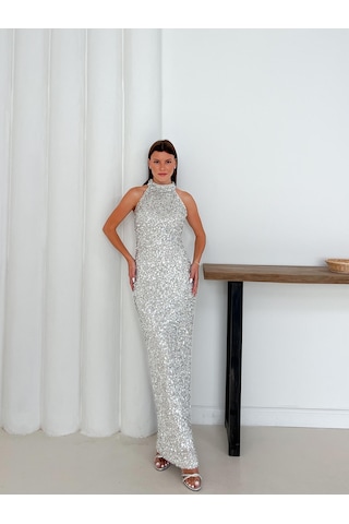 Halter Yaka Payetli Gümüş Abiye Elbise Gümüş