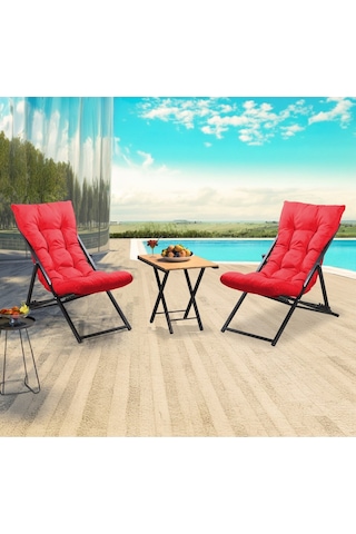 Retodesign 2 Li Sehpalı Metal Kırmızı Şezlong Takımı