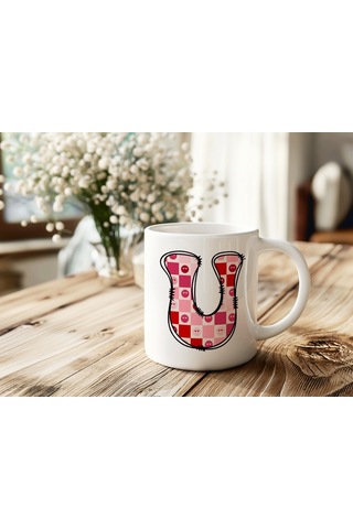 U Harfi Pembe Kareli Kalpli Göz Emojili Kupa Bardak Eğlenceli Kareli Tasarım Kahve Çay Kupası 07 Beyaz