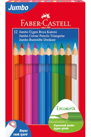 Faber-Castell Jumbo Üçgen Boya Kalemi, 12 Renk, Ergonomik Gövde, Beyaz Renk İçerir, Kalın Uçlu