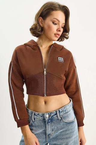 Shade Kadın Kapüşonlu Fermuarlı Korse Detaylı Şardonlu Crop Hırka 6867 60283525 - Kahverengi
