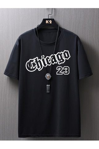 Chicago 23 T-shirt - Siyah Baskılı Oversize Bisiklet Yaka Kısa Kol Tişört Siyah