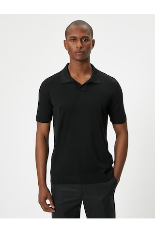 Koton Polo Yaka İnce Triko Tişört Slim Fit Kısa Kollu Kırçıllı Siyah 4sam70008ht Siyah