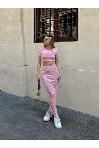 Kazax Çizgili Etekli Takım Pembe S3609 Pembe