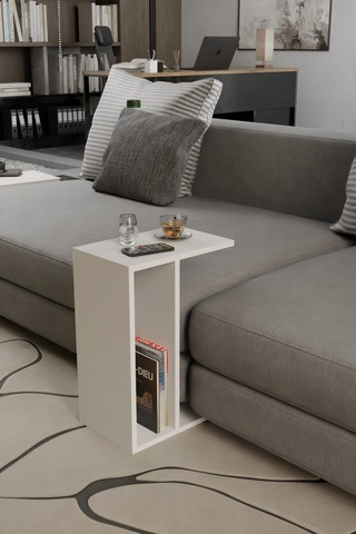Alpa Ev Mobilya C Tasarım Koltuk Yanı Sehpa, Kitaplıklı Modern Laptop & Kahve Sehpası, Orta Sehpa Beyaz