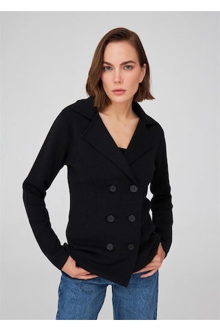 Peraluna Çelik Örgü Klasik Kesim Blazer Kadın Triko Ceket Siyah Siyah