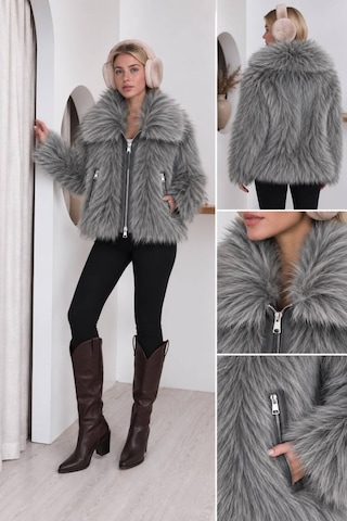 Moda Banuş Deri Garnili Lolita Kürk Gri