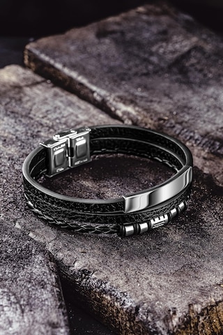 Erkek Deri Bileklik - İsim Yazılan Paslanmaz Çelik Deri Kordonlu Erkek Bileklik Siyah