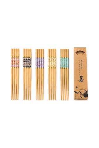 Valkyrie 10 Çift Mermer Desenli Bambu Yemek Çubuğu Seti 20 Adet Kaymaz Uçlu Kutulu Chopstick Ahşap