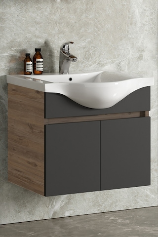 65 Cm Atlantik Çam-Antrasit Gri Mat Mdf Lavabolu Banyo Alt Dolabı Antrasit - Atlantik Çam