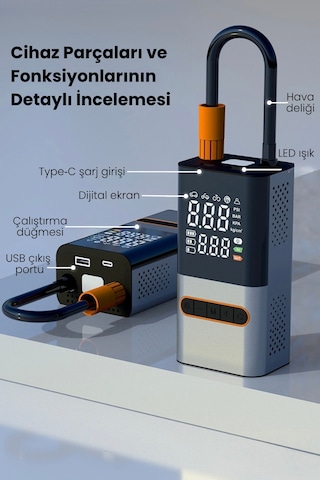 Hava Kompresörü 4000 Mah 4ın1 Şarjlı+araç Taşınabilir Araç Lastik Top Şişirme Pompası Oto Siyah