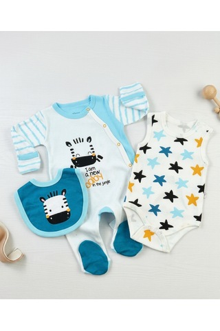 İmaj İmajbebe Zebra Desenli Kendinden Eldivenli 3'lü Bebek Takımı 0-3 Ay - 56 Cm Mavi
