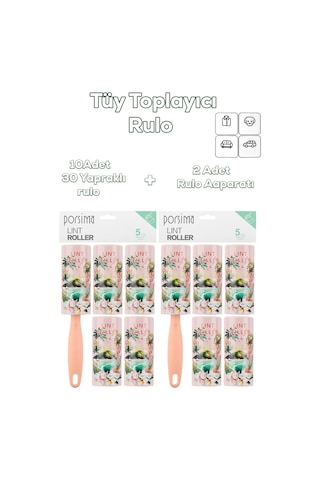 Porsima 3106 Kedi Köpek Tüy Toplayıcı Rulo + 10 Adet Rulo + 2 Adet Tutma Aparatı Toplam 300 Yaprak Somon