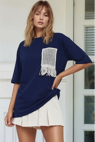 Mamayaga Kadın Bisiklet Yaka Yarım Kol Basic Pamuk Düz Cep Örgü Curve Büyük Beden Tshirt Lacivert 54 - 56