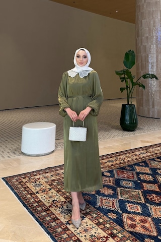 Riella Butik Dantel Yakalı Zarif Tesettür Elbise Haki