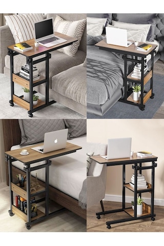 Yükseklik Ayarlı Raflı Çalışma Masası - Ceviz Tekerli Atlantik Çam