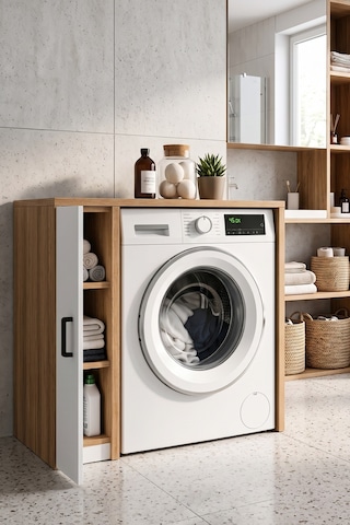 Naome Beyaz Meşe Tek Katlı Çamaşır Makinesi Dolabı Çok Amaçlı Banyo Dolabı Raflı Meşe Tek Naome