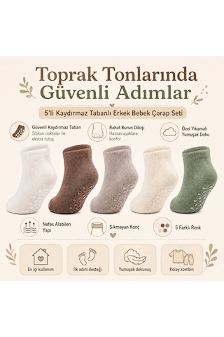 Womanandkids Wak 5 Li Kaydırmaz Tabanlı Erkek Bebek Çorap Seti İnce Dikişli Toprak Tonları Çok Renkli