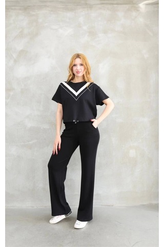 Ge Ticaret Osy Modal Yumuşak Dokulu Kumaş Bisiklet Yaka Parçalı Detaylı Kısa Kollu Takım - Siyah Siyah