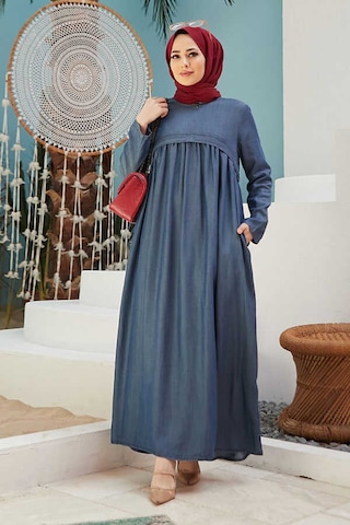 Neways 6598-Büzgülü Liyosel Elbise Koyu Mavi