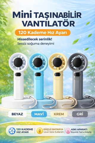 Türbin El Fanı Vantilatör Taşınabilir Turbo El Fanı Dijital Göstergeli Stand Özellikli Kancalı Type-c Şarj Soketi 1200 Mah 120 Kademeli M11 Md. Askı Kayışı Hediyeli