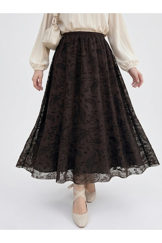 Nevayla Moda Flok Tül Çiçek Desenli Etek - Kahverengi / A0107