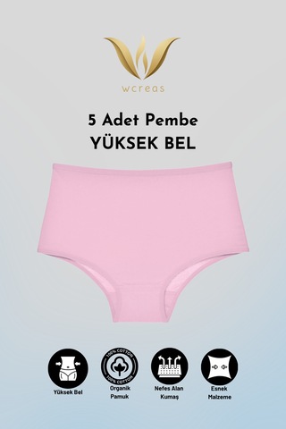 Wcreas Yüksek Bel Pamuklu Kadın Külot, 5'li Paket Pamuklu Yumuşak Kumaş Kadın Külot Pembe