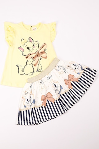 Kız Çocuk Takım Etekli Kedi Baskılı Kol Detaylı A66 Pudra