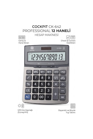 Hesap Makinesi Gri 15x20 Cm 1 Adet Cockpıt Ck-642 12 Haneli Büyük Boy Hafızalı Ofis Büro Masaüstü Hesap Makinası Gr