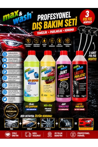 Max&wash Profesyonel Dış Bakım Seti Cilalı Oto Şampuanı + Hızlı Cila + Jant Temizleyici + Lastik Parlatıcı 3 Adet Fıs Fıs Hediyeli 0