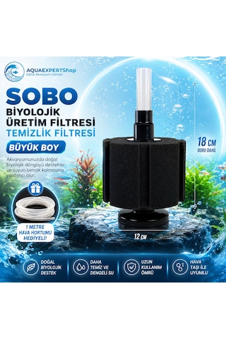Sobo Biyolojik Üretim Filtresi - Temizlik Filtresi - Büyük Boy Pipo Filtre - Üstün Temizlik - 18x12 Cm - 1 Metre Hava Hortumu Hediyeli - Sb-2330