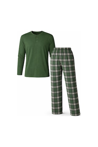 Mutlu City Erkek Mevsimlik Uzun Kollu 3 Düğmeli Ekose Alt Pijama Takımı 16649 Haki