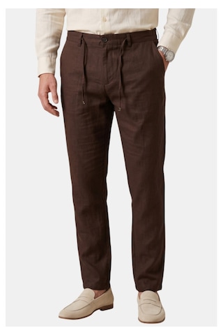 Deepsea Kahve Slim Fit Likralı Keten Dokulu Lastikli Belli İpli Yazlık Erkek Pantolon 2603001