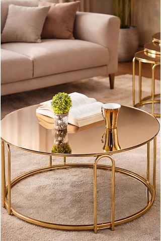 4 Lü Bronz Ayna Gold Metal Ayaklı Ayna Lenka Model Sehpa Takımı Zigon Ve Orta Altın