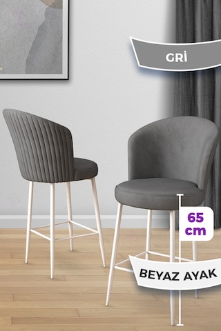 Canisa Alte Serisi 4 Gri Sandalye 65 Cm Ada Mutfak Bar Sandalyesi Babyface Kumaş Beyaz Metal Ayaklı Gri Sandalye Ayaklar Beyaz