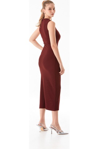 Fullamoda Fitilli Omzu Pencere Detaylı Taşlı Elbise 25ygb7220128414-bordo Bordo