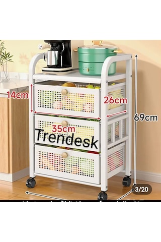 Trendesk 3 Katlı Metal Beyaz Çekmeceli Tekerlekli Patates Soğan Sepeti Sebze Meyve Sepeti Sebzelik