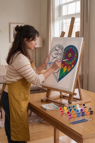 Yapraklı Kalp Desenli Mandala Ahşap Boyama Seti 40x50 Cm