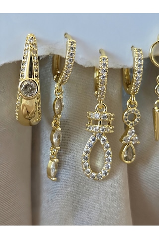 6'lı Sallantılı Zirkon Taşlı Çelik Gold Renk Küpe Seti Altın