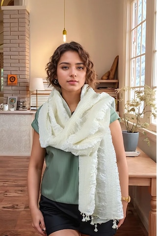 Rosehan Collection El Dokuması Krem İpek Şal - Gofreli - Ödemiş İpeği