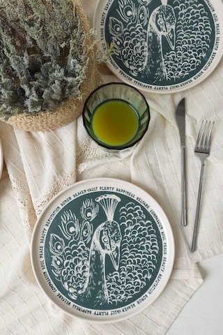 Keramika Tavus Kuşu Nordıc Pasta Tabağı 22 Cm 4 Adet 23137 Yeşil