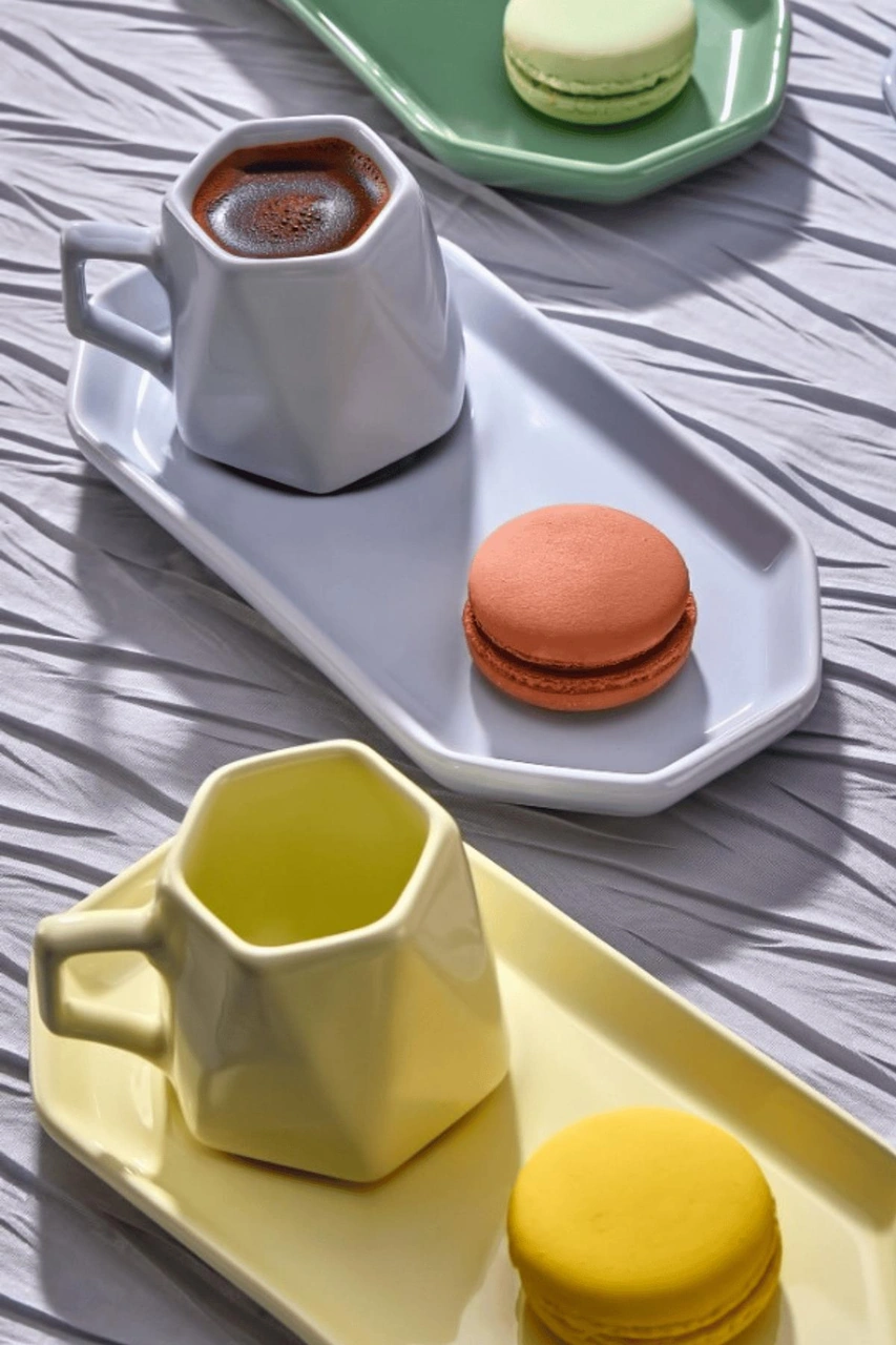 6 Kişilik 12 Parça Modern Renkli Kahve Fincan Seti - Prizma Kahve Takımı,geometrik Tasarım Beyaz - Gri - Krem - Pembe