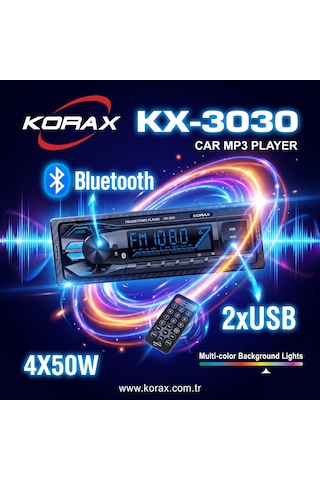 Korax Kx-3030 Bluetooth Çift Usb Girişli Rgb Çok Renkli Oto Teyp 4 X 50 W / Microsd / Aux