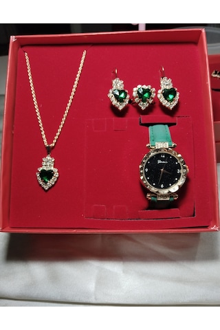 Hediyelik Kadın Zümrüt Saat Ve Kolye+küpe+yüzük 5li Takı Seti Zümrüt yeşili