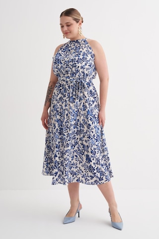 Halter Yaka Kuşaklı Desenli Uzun Elbise-6215 Mavi