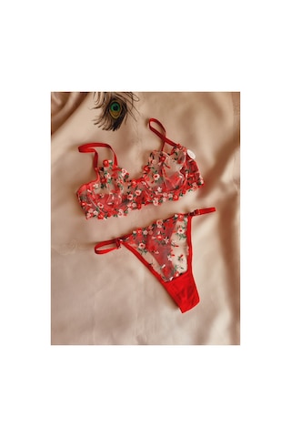 Demirsa Boutique Kırmızı Çiçek Desen Dantelli Bralet Takım Sütyen&tanga Kırmızı Çiçek Desen