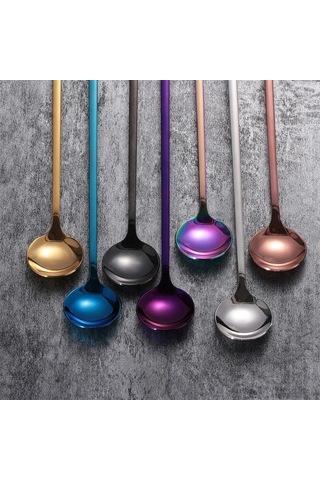 Novahub 24cm Uzun Sap Kahve Çay Karıştırma Kaşık Gökkuşağı Renk Black Black Dondurma Tatlı Kaşığı 304 Paslanmaz Çelik Black